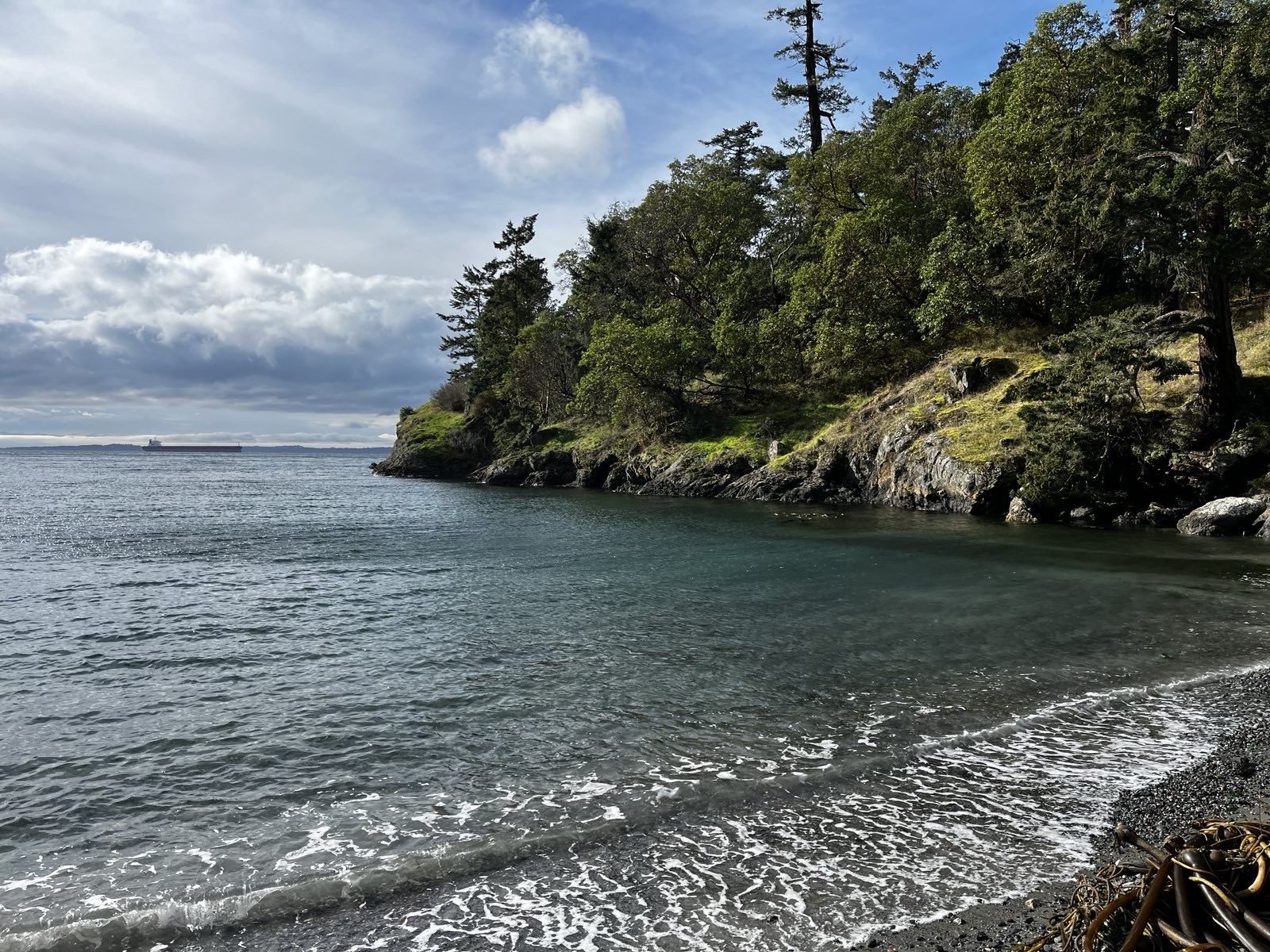 A quiet cove and stony beach in early morning light